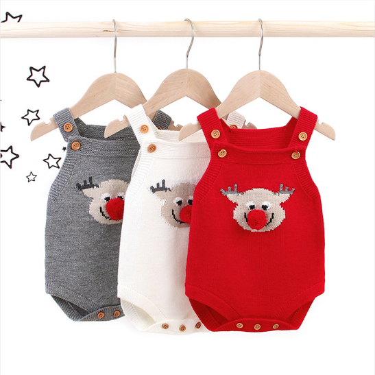 Baby Boy/Girl Christmas Style Elk Pattern Knitted Sleeveless Bodysuit-kissminis