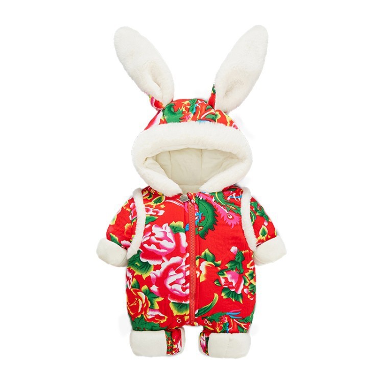 Baby Boy/Girl Winter Thicken Rabbit Ear Design Flower Pattern Cotton Romper-kissminis