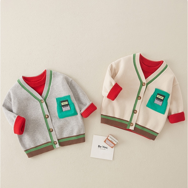 Baby Boy Bar Code Patch Block Color Long Sleeve Knitted Coat-kissminis