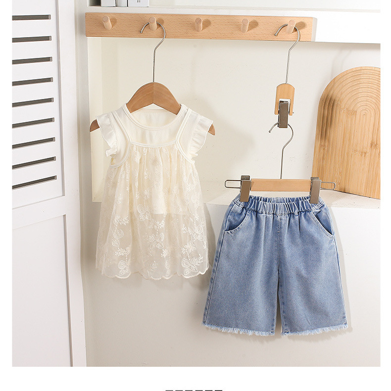 3pcs White Lace - detailed Sleeveless Top and Blue Denim Shorts Set