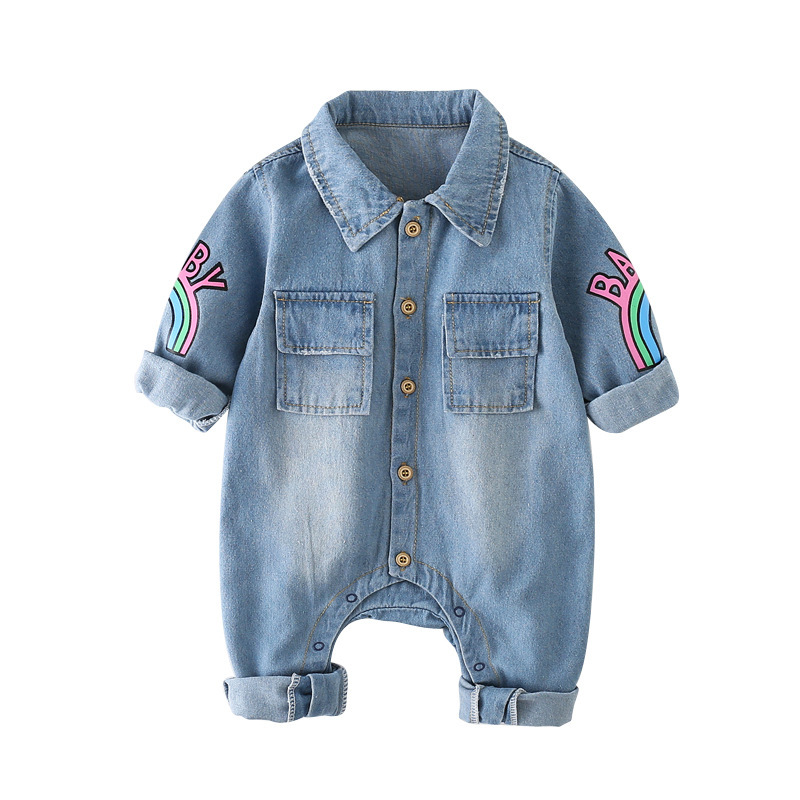 Baby Rainbow and Giraffes graphics Denim Polo Collar Romper-kissminis