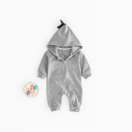 Baby Boy/Girl Solid Color Dinosaur Design Long Sleeve Hooded Romper-kissminis
