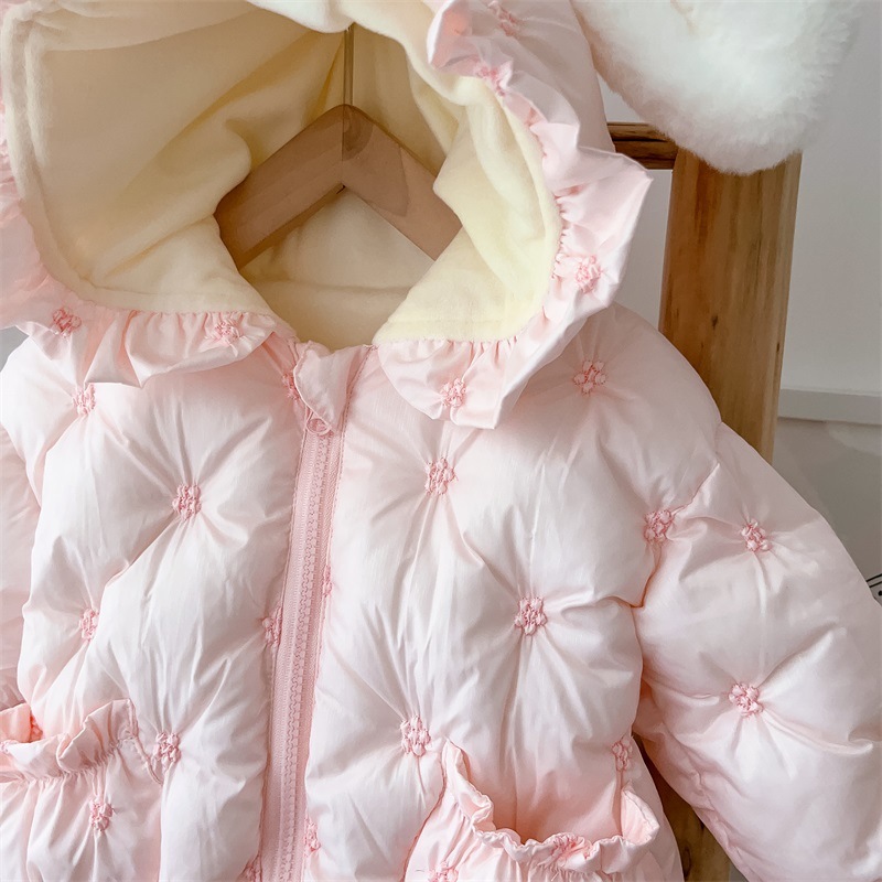 Baby Girl Winter Solid Color Floral Graphics Long Sleeve Hooded Fluff Romper-kissminis