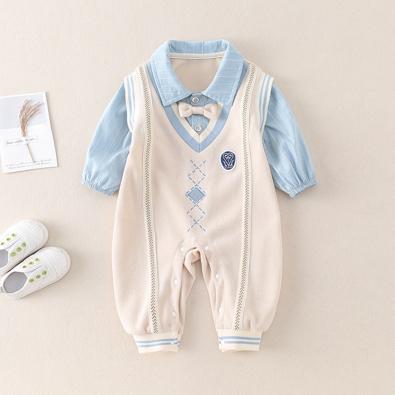 Baby Boy/Girl Mock Two Pieces Collegiate Style Knit Long Sleeve Romper-kissminis