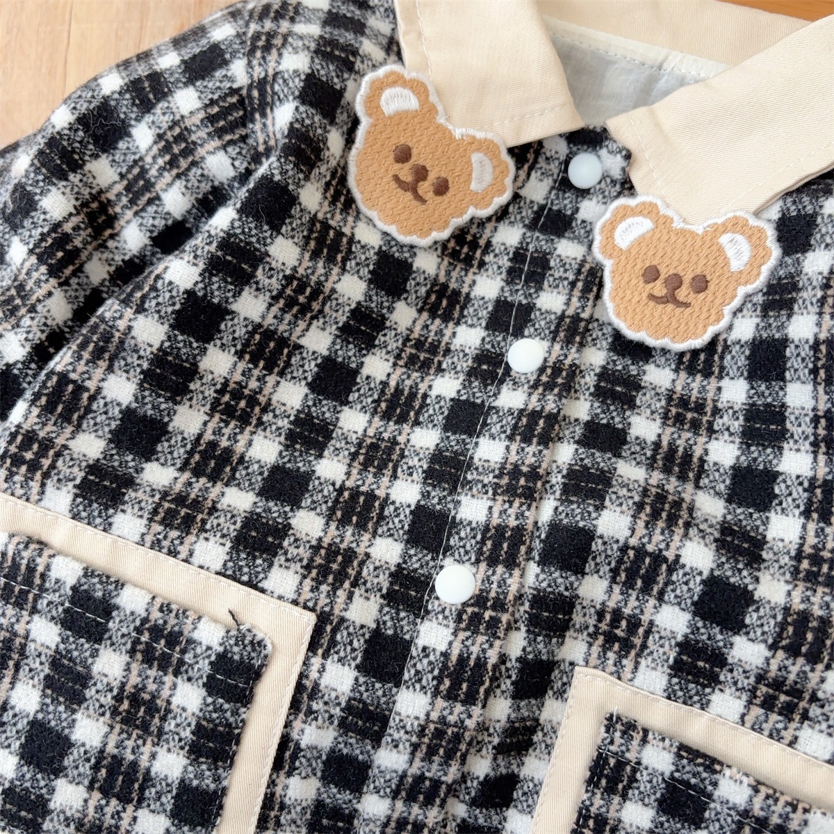 Bear-shaped Collar Decorations Gingham Romper