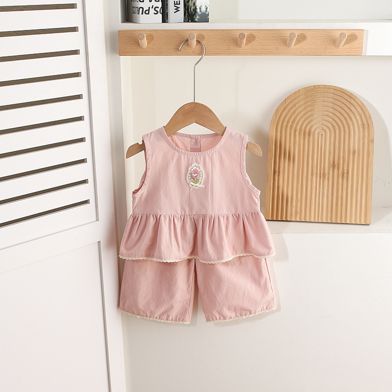 Pink Sleeveless Ruffled Top Matching 2pcs Shorts Set