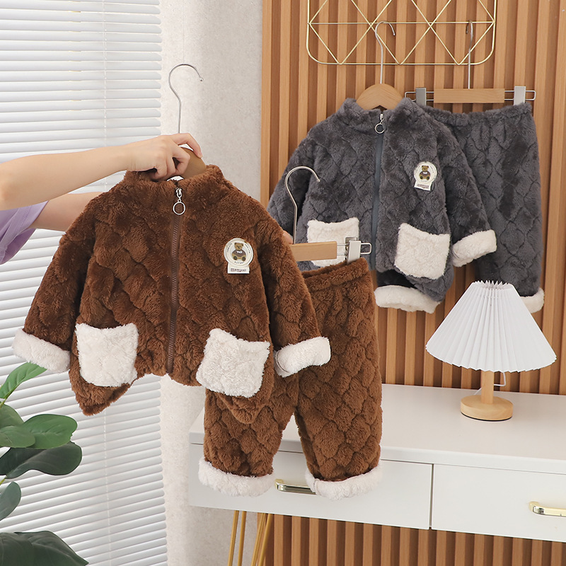 2pcs Baby Boy/Girl Cute Bear Pattern Zipper Plush Pajamas Long Sleeves Sweatshirt and Pants Set-kissminis