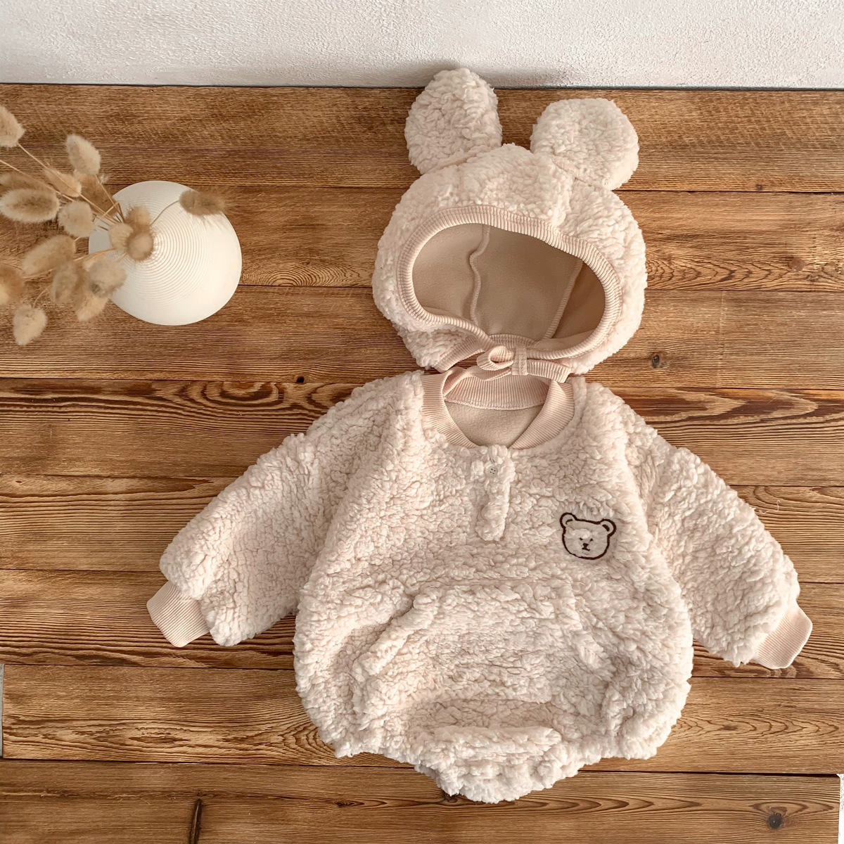 2pcs Winter Baby Boy/Girl Cute Bear Design Fluff Long Sleeve Romper with Hat Set-kissminis