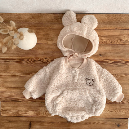 2pcs Winter Baby Boy/Girl Cute Bear Design Fluff Long Sleeve Romper with Hat Set-kissminis