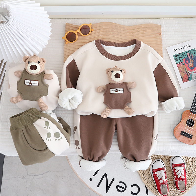 Toddler Boy/Gir Bear Plus Velvet Warm Pullover Two Piece Set-kissminis