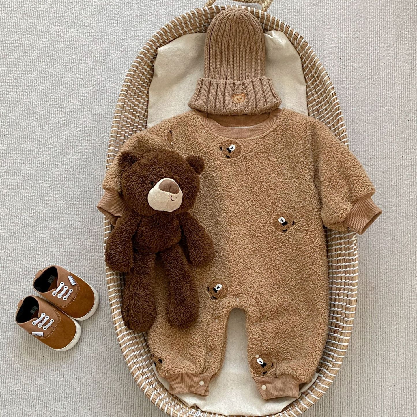 Baby Winter Fleece Solid Color Bear Pattern Romper-kissminis