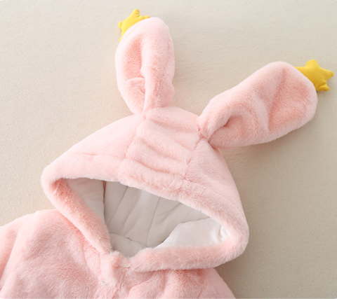 Baby Toddler Girl Winter Rainbow Pattern and Rabbit Ears Design Fluff Long Sleeve Hooded Romper-kissminis