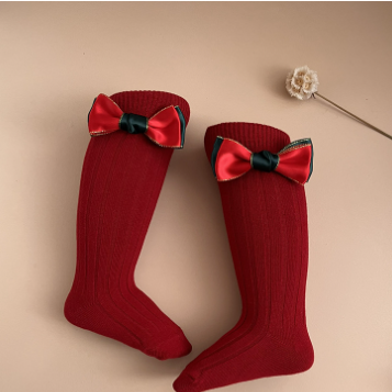 Baby Toddler Girl Christmas Style Solid Color Satin Bow Stocking-kissminis