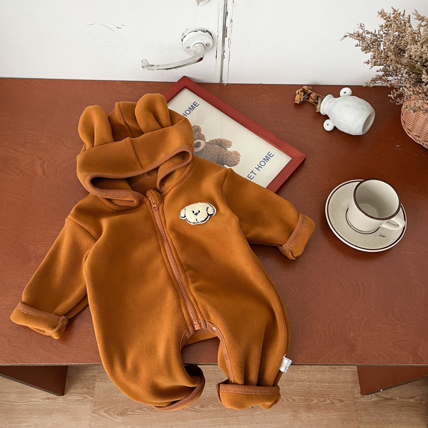 Baby Boy/Girl Cute Puppy Pattern Solid Color Fleece Long Sleeve Hooded Romper-kissminis