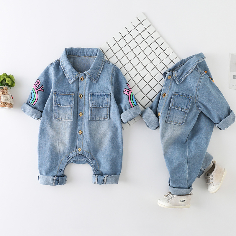 Baby Rainbow and Giraffes graphics Denim Polo Collar Romper-kissminis
