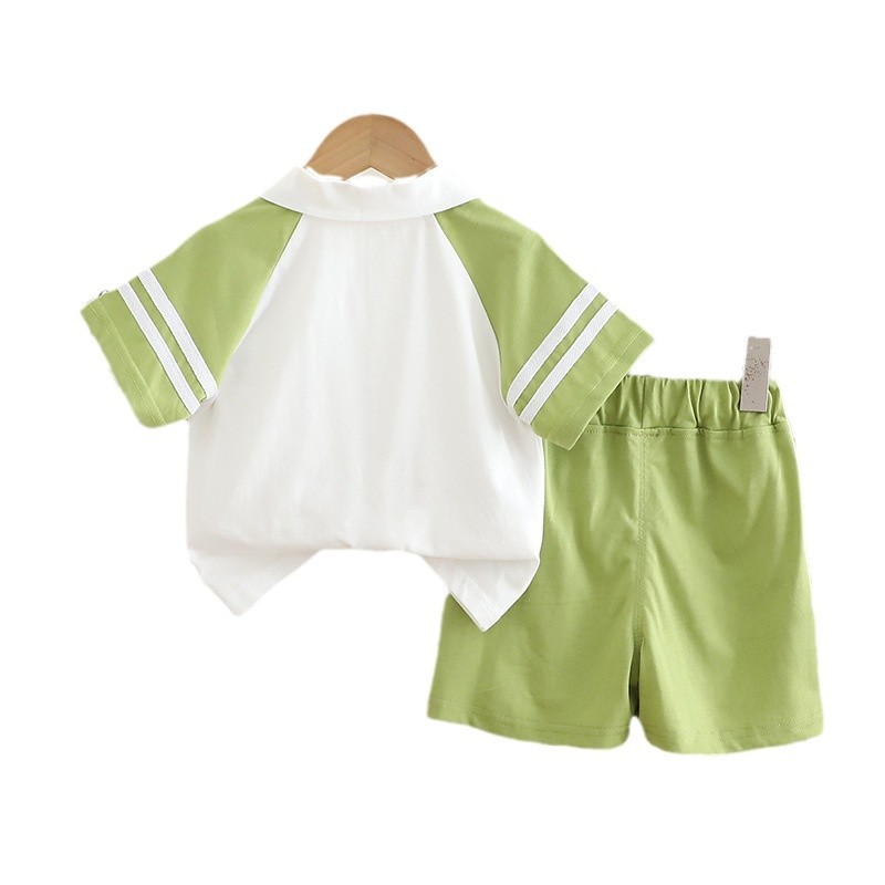 Polo Short Sleeve Shirt with Striped Details and Green Shorts Set