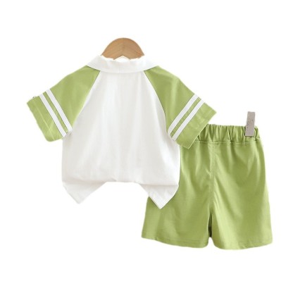 Polo Short Sleeve Shirt with Striped Details and Green Shorts Set