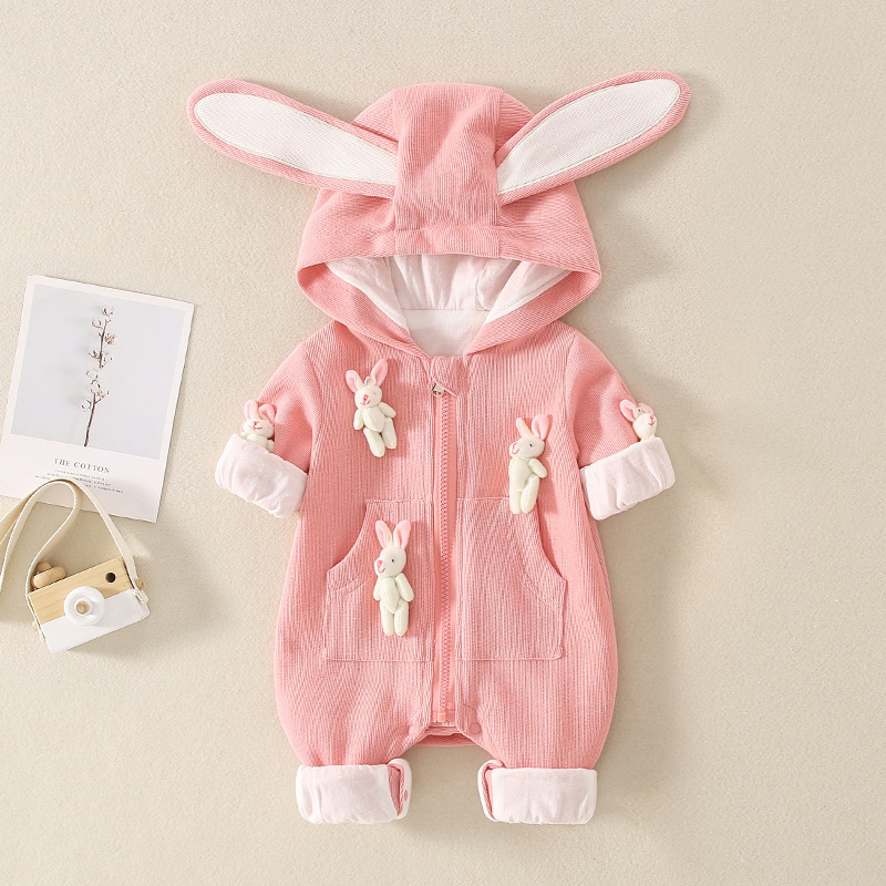Baby Girl Cute 3D Rabbit Zippered Long Sleeve Romper-kissminis