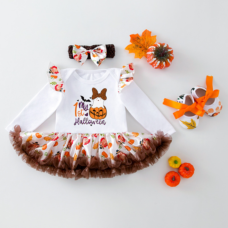 3pcs Newborn Baby Girl Hallowen Wacky Pumpkin Cartoon Print Long Sleeve Dress Set-kissminis
