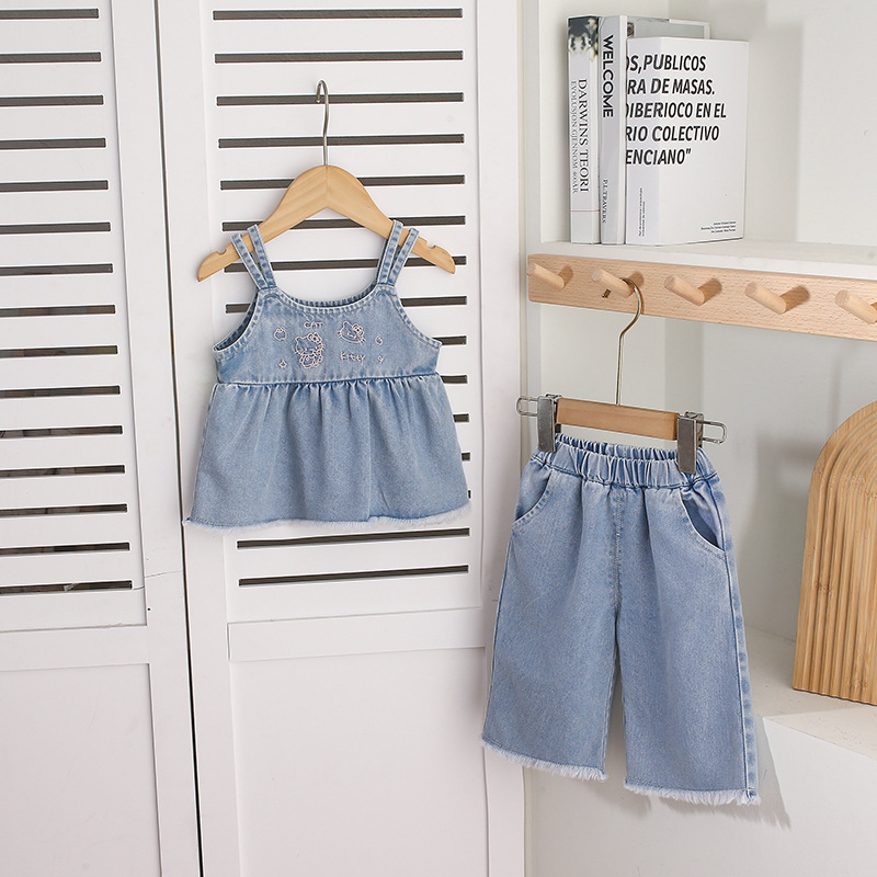 Denim Spaghetti - strap Ruffled Top Embroidery and Denim Culottes Set