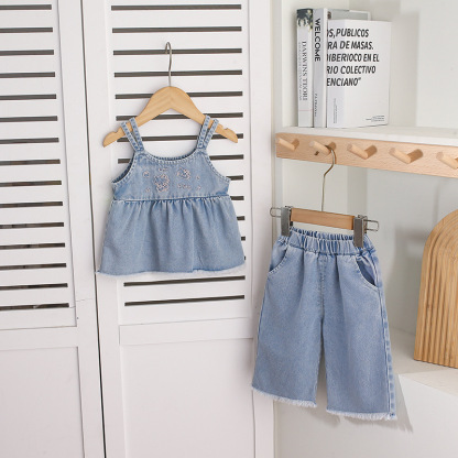 Denim Spaghetti - strap Ruffled Top Embroidery and Denim Culottes Set