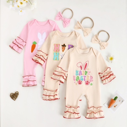 Baby Boy Easter Alphabet Bunny Ears Embroidery Long Sleeve Romper With Hairband