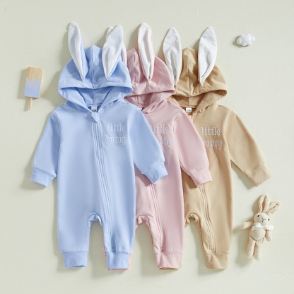 Baby Alphabet Embroidery  Rabbit Zipper Hood Long Sleeve Romper