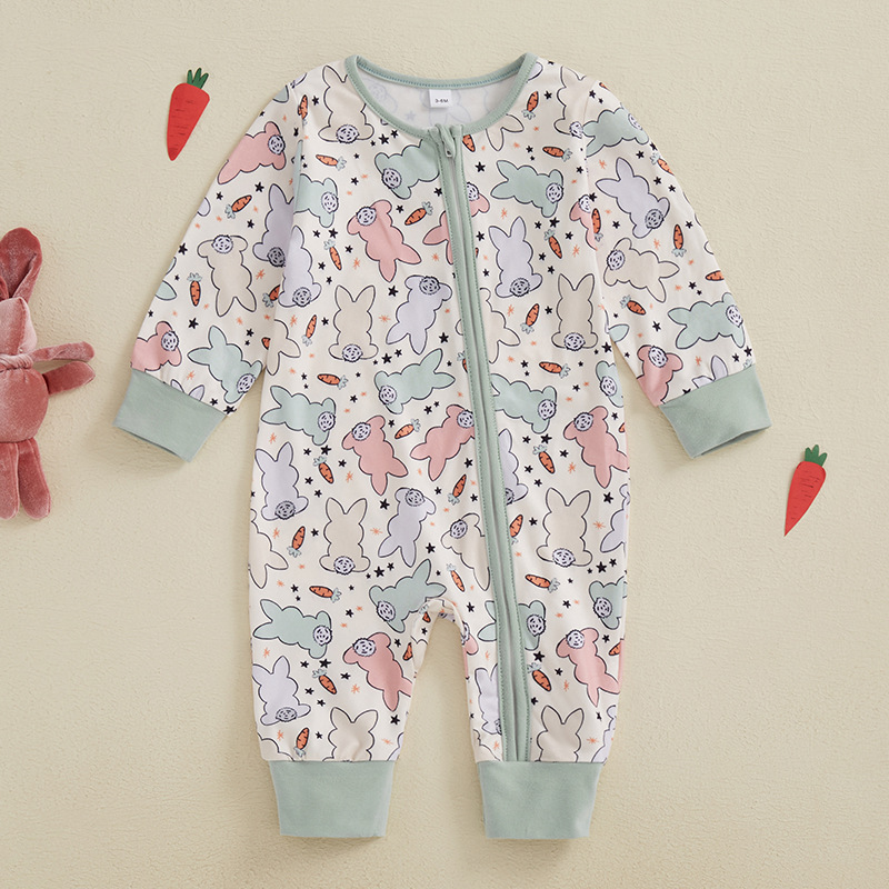 Baby Full Print Rabbit Print Zipper Long Sleeve Romper