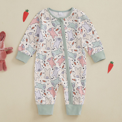 Baby Full Print Rabbit Print Zipper Long Sleeve Romper
