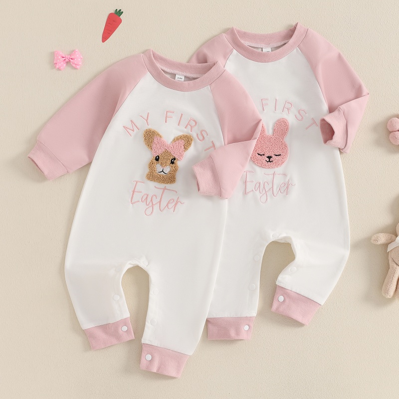 Baby Girl Cute Bunny Embroidery Colorblocking Long Sleeve Romper