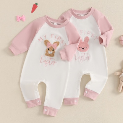 Baby Girl Cute Bunny Embroidery Colorblocking Long Sleeve Romper