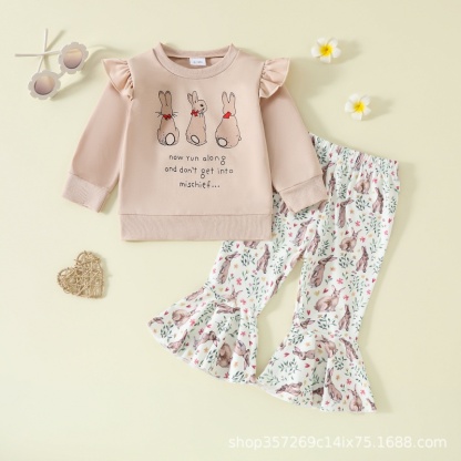 2pcs Baby Girl Cute Bunny Print Pullover Sweatshirt Long Sleeve Flared Pants Set