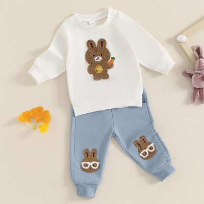 2pcs Baby Boy Cute Bunny with Glasses Embroidered Sweatshirt Pants Set