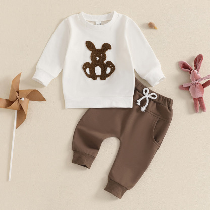 2pcs Baby Boy Cute Bunny Towel Embroidered Sweatshirt Pants Set