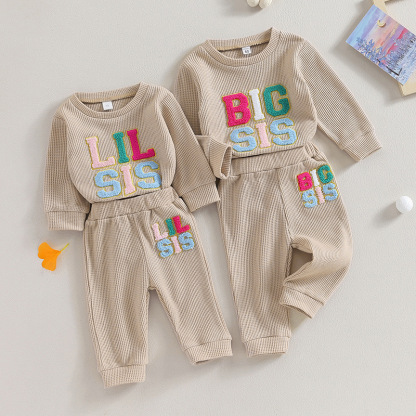 2pcs Baby Waffle Monogrammed Embroidered Sweat Casual Set