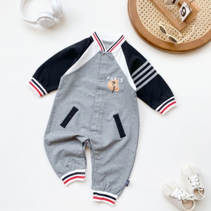 Baby Boy Casual Colorblocking Cartoon Bear Long Sleeve Romper