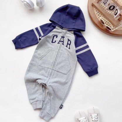 Baby Boy Casual Long Sleeve Colorblock Hooded Romper