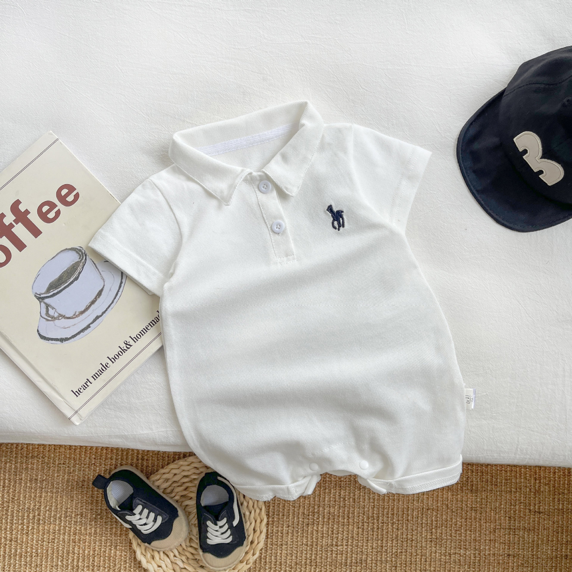 Baby Boy Solid Color Standing Collar Short Sleeve Romper/Bodysuit