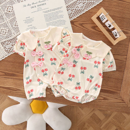 Baby Girl Bow Cherry Print Thin Romper/Bodysuit