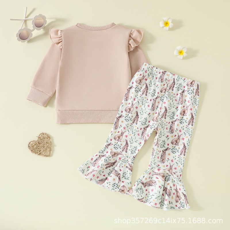 2pcs Baby Girl Cute Bunny Print Pullover Sweatshirt Long Sleeve Flared Pants Set