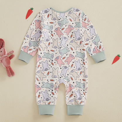 Baby Full Print Rabbit Print Zipper Long Sleeve Romper