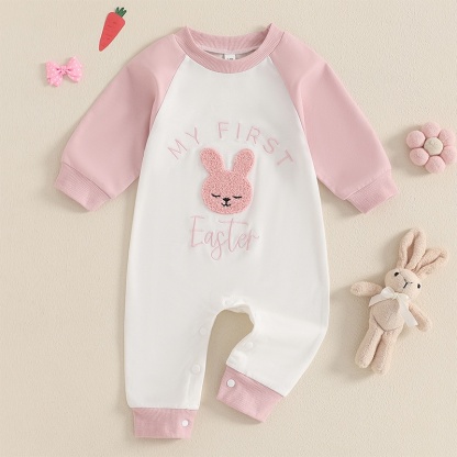 Baby Girl Cute Bunny Embroidery Colorblocking Long Sleeve Romper