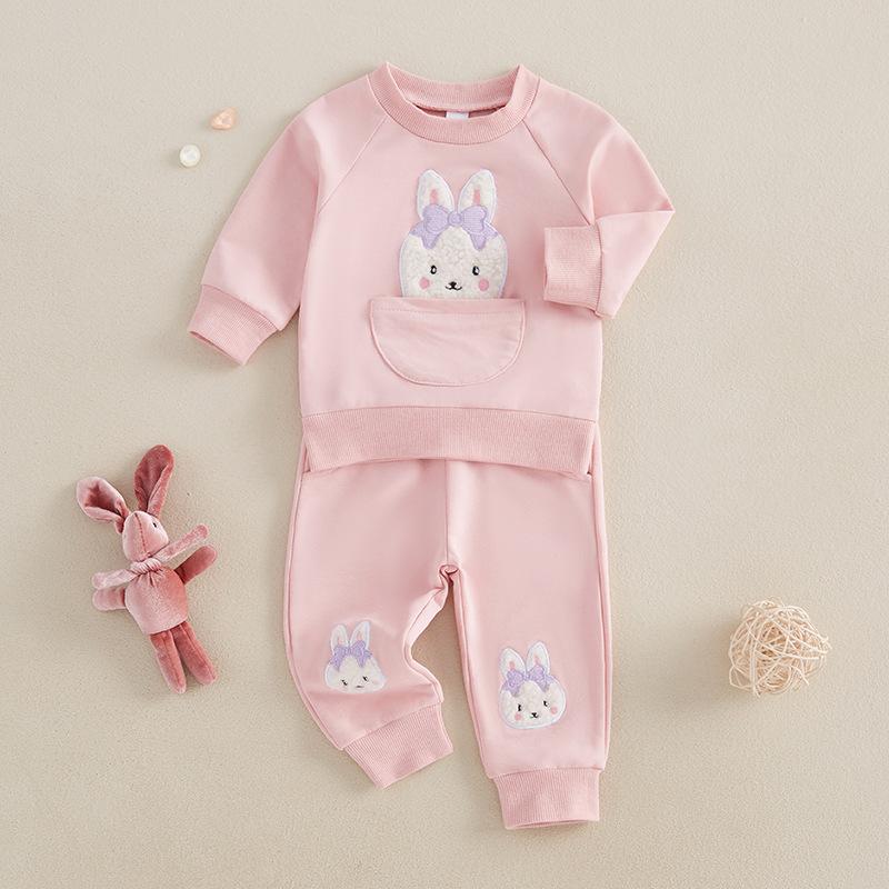 2pcs Baby GirlCute Bunny Embroidered Sweatshirt Pants Set
