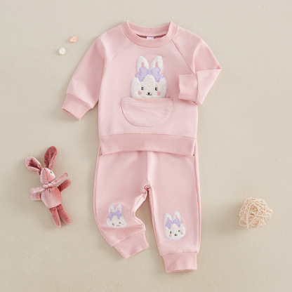 2pcs Baby GirlCute Bunny Embroidered Sweatshirt Pants Set