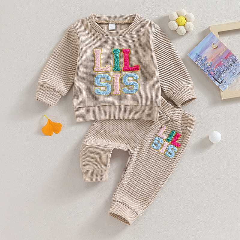 2pcs Baby Waffle Monogrammed Embroidered Sweat Casual Set