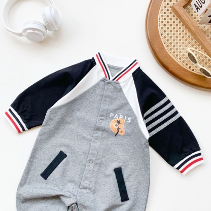 Baby Boy Casual Colorblocking Cartoon Bear Long Sleeve Romper