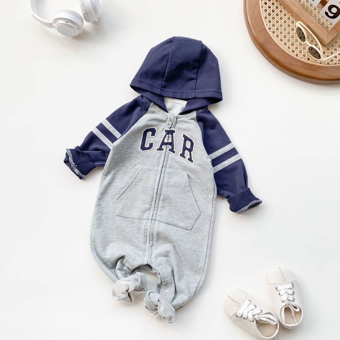 Baby Boy Casual Long Sleeve Colorblock Hooded Romper