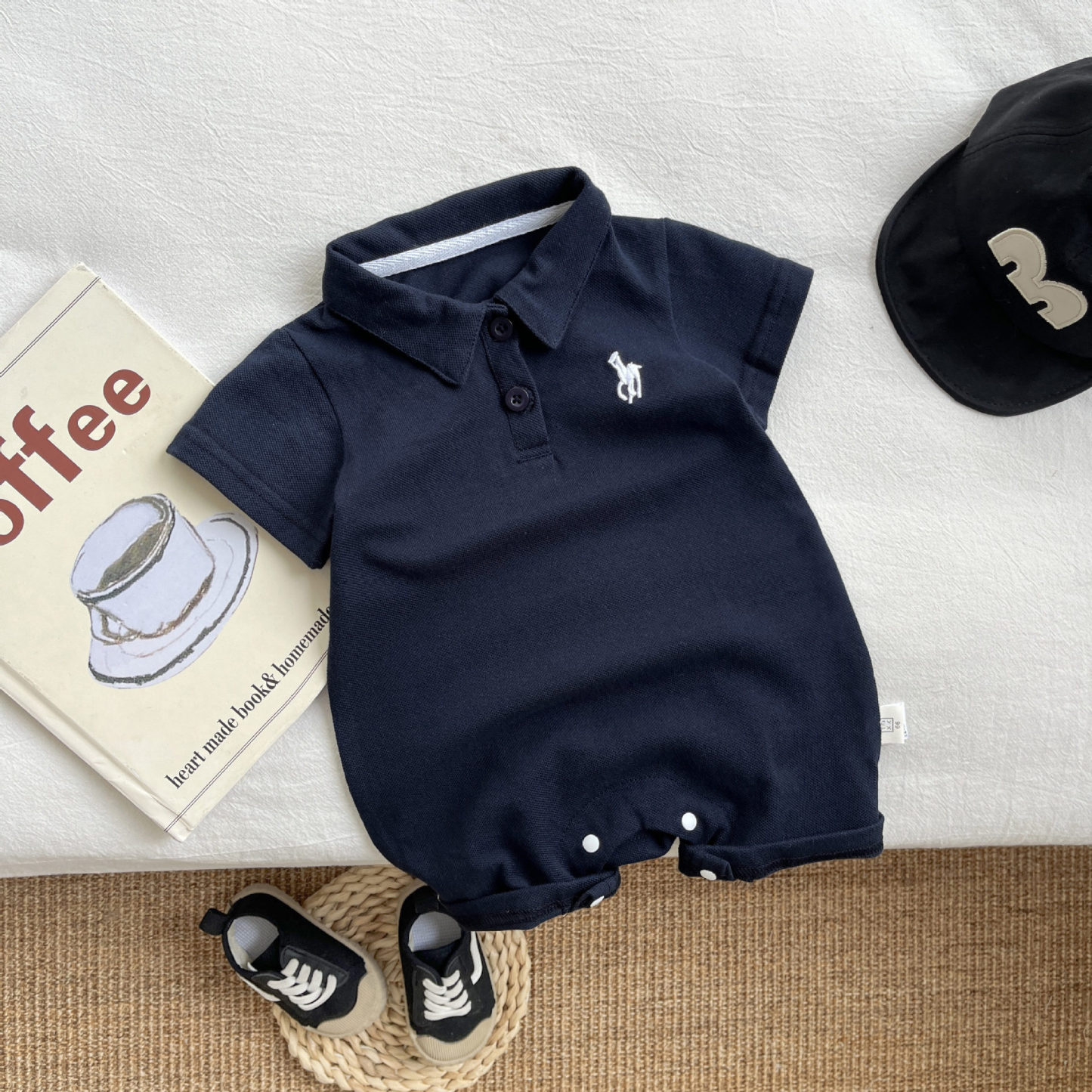 Baby Boy Solid Color Standing Collar Short Sleeve Romper/Bodysuit