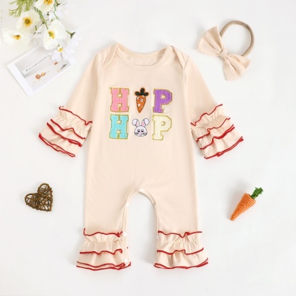 Baby Boy Easter Alphabet Bunny Ears Embroidery Long Sleeve Romper With Hairband