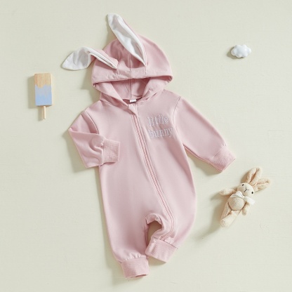 Baby Alphabet Embroidery  Rabbit Zipper Hood Long Sleeve Romper